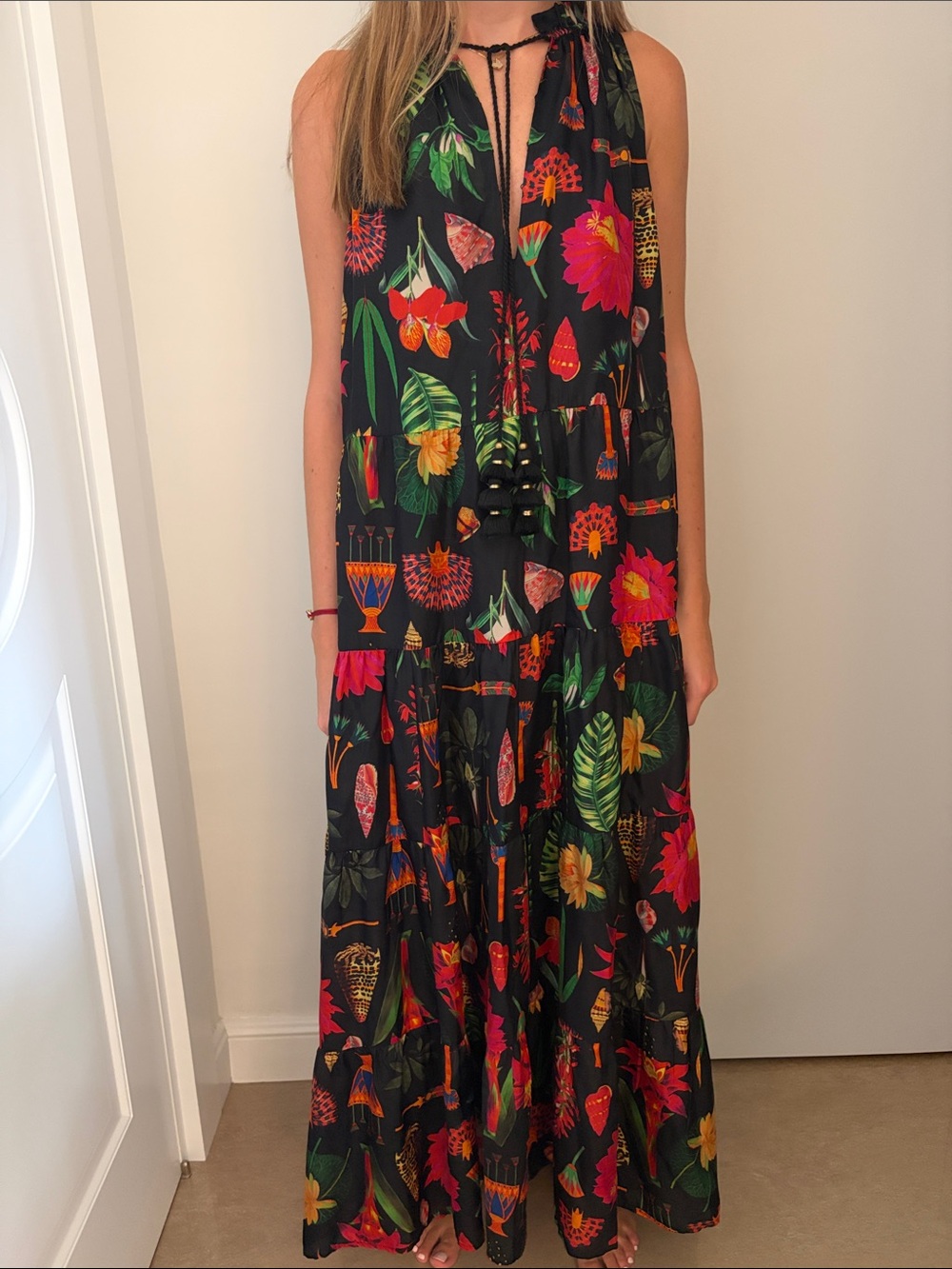 Figue Black Tropical Floral Tiered Maxi Dress